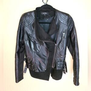 ANGL Black Leather Jacket Cropped Asymmetrical Design